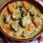Blanquette de porc crémeuse, servie avec des légumes et du riz vapeur