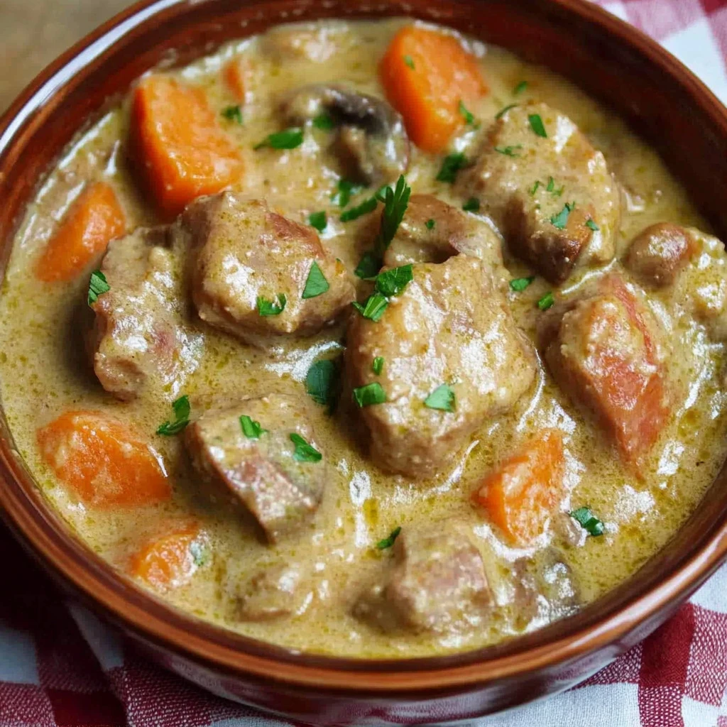 Blanquette de porc crémeuse, servie avec des légumes et du riz vapeur