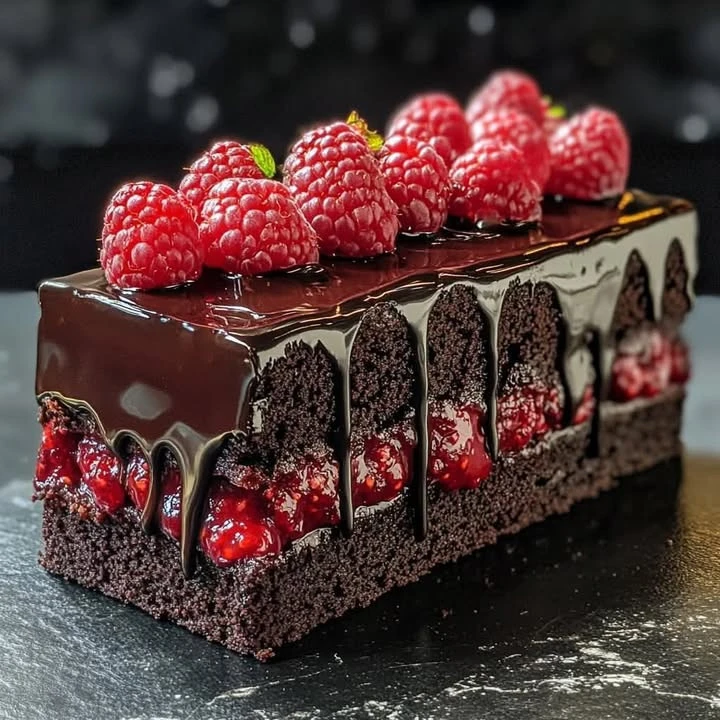 Gâteau truffe au chocolat noir, décoré de framboises fraîches sur une ganache brillante