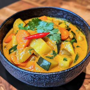 Curry de légumes au lait de coco, coloré et crémeux, garni de coriandre fraîche