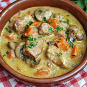 Gros plan sur une blanquette de porc en cocotte, viande tendre et sauce crémeuse