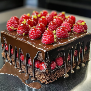 Gros plan sur une part de gâteau truffe chocolat avec éclats de framboise à l’intérieur