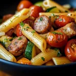 Pâtes aux saucisses, courgettes et tomates cerises, servies dans une assiette colorée
