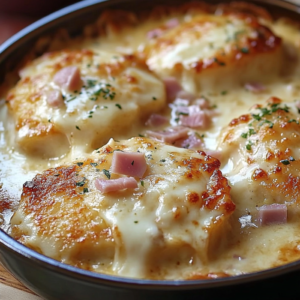 Escalope savoyarde ouverte, fromage fondu et jambon à l’intérieur