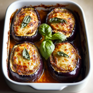 Aubergines gratinées au fromage avec cœur fondant et herbes aromatiques