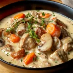 Bouchée de veau nappée de sauce blanche avec champignon et carotte fondants