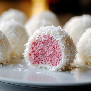 Gâteau boule de neige recouvert de noix de coco râpée, posé sur une assiette blanche