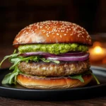 Burger au halloumi grillé, avocat et mangue servi dans une assiette avec feuilles de roquette