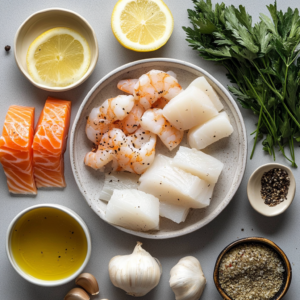 filets de poisson, crevettes, poireaux, crème et herbes pour une cassolette de poissons