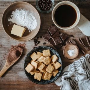 Ingrédients pour gâteau Petit Beurre au café sur table : biscuits, café, crème, sucre, beurre

