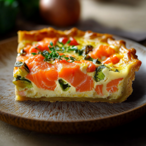 Clafoutis salé aux poireaux et saumon fumé cuit dans un plat rond, doré sur le dessus
