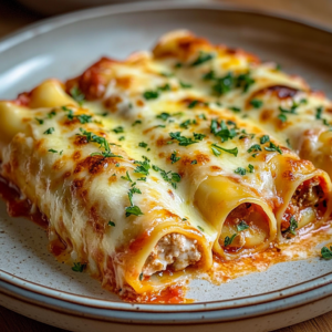 Cannellonis farcis à la viande hachée, gratinés à la sauce tomate et fromage fondu