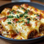 Cannelloni ouvert montrant la farce de viande hachée et la sauce tomate fondante