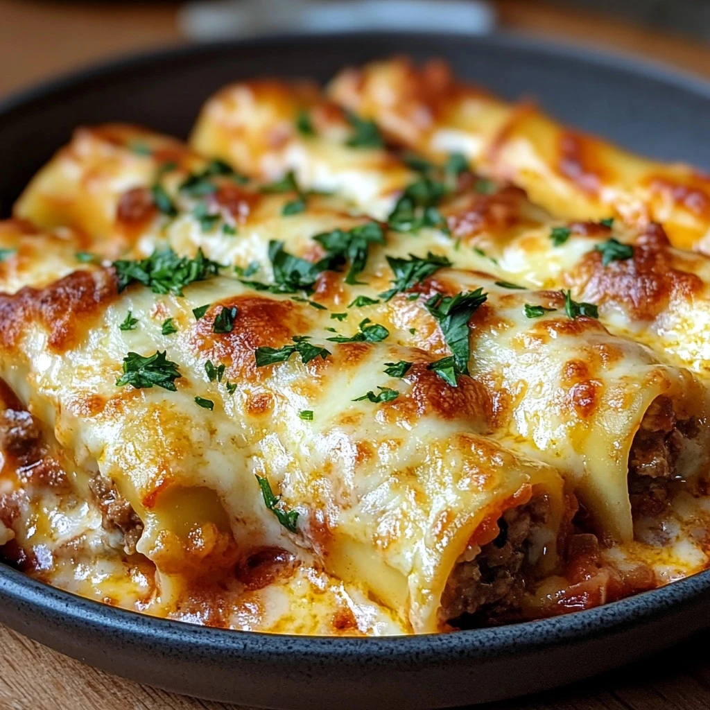 Cannelloni ouvert montrant la farce de viande hachée et la sauce tomate fondante