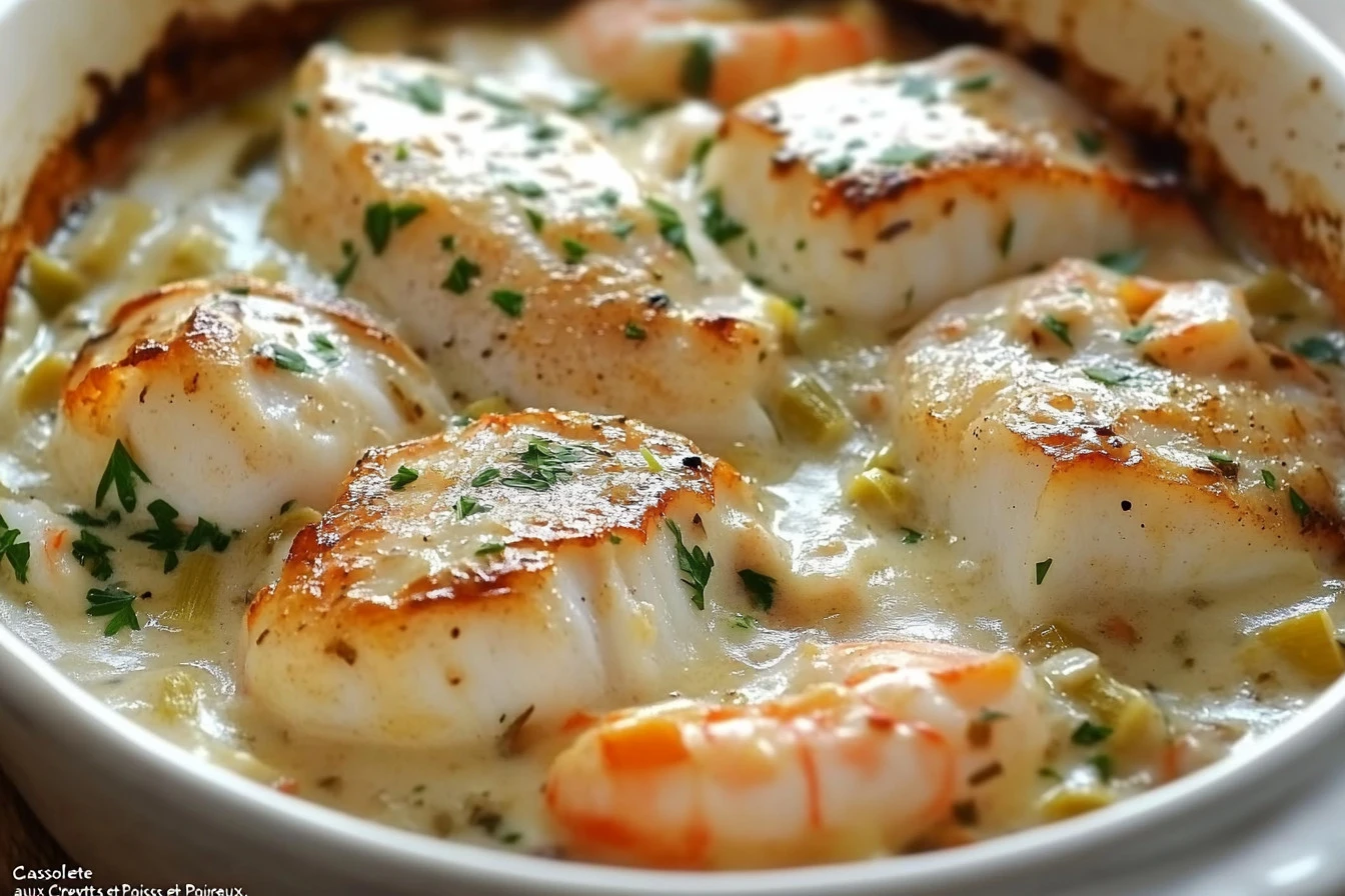 Cassolette de poissons et crevettes aux poireaux servie dans un ramequin gratiné