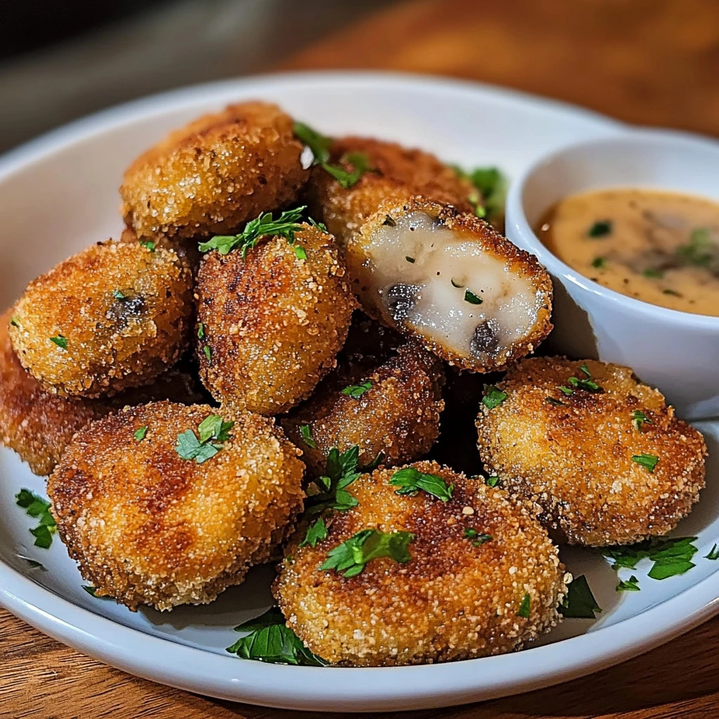 Gros plan sur un champignon pané montrant sa texture croquante au parmesan