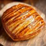 Chausson aux pommes maison saupoudré de sucre glace sur une assiette blanche