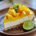 Zoom sur la texture crémeuse du cheesecake à la mangue avec sa base croustillante