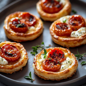 Tartelettes chorizo, tomate et chèvre servies sur une planche avec herbes fraîches