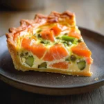 Zoom sur l’intérieur moelleux d’un clafoutis aux poireaux et saumon fumé