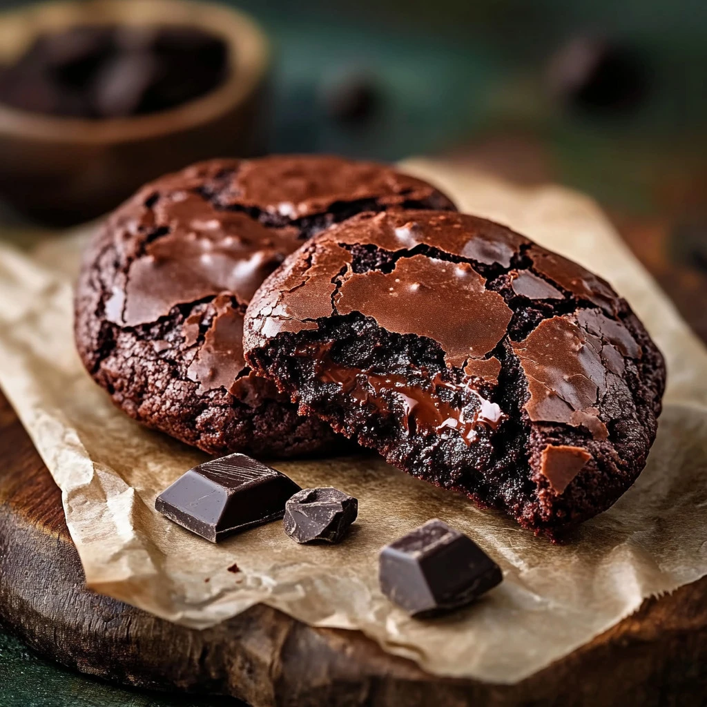 Intérieur fondant d’un cookie brownie au chocolat noir intense, cassé en deux