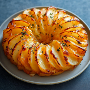 Couronne croustillante de pommes de terre dorée au four sur un plat de présentation