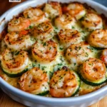 Bouchée de courgette farcie avec crevette à l’ail, gratin fondant et doré