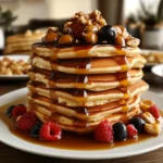 Crêpes à l’avoine empilées, garnies de fruits frais et nappées de sirop