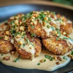 Poulet croustillant nappé de sauce crémeuse aux champignons et parmesan