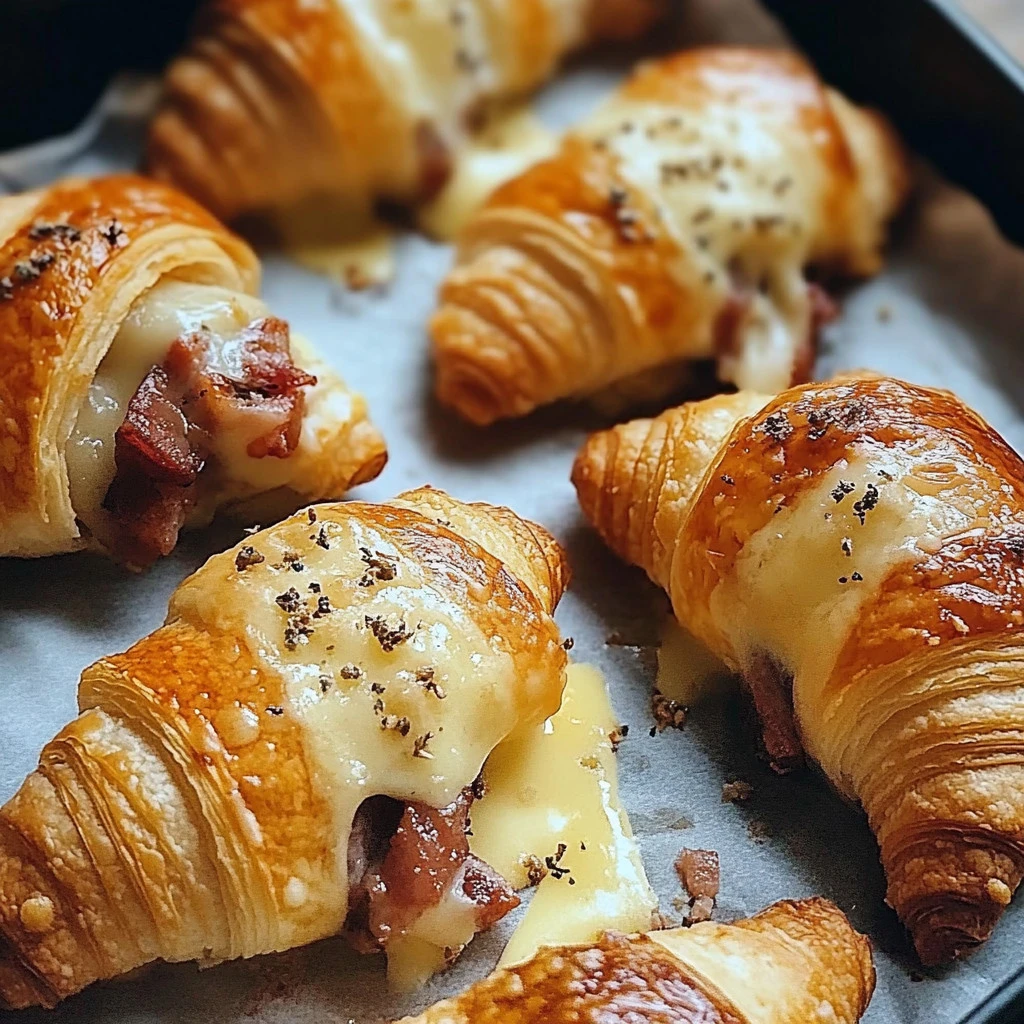 Intérieur d’un croissant garni de raclette fondue et lardons croustillants