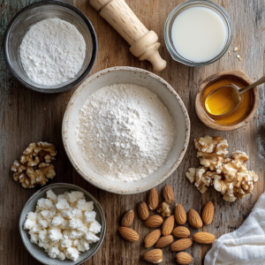 Ingrédients pour gâteau dattes, amandes et yaourt grec sur table : dattes, yaourt, amandes, œufs, farine
