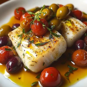 cabillaud à la provençale avec tomates cerises, olives et herbes