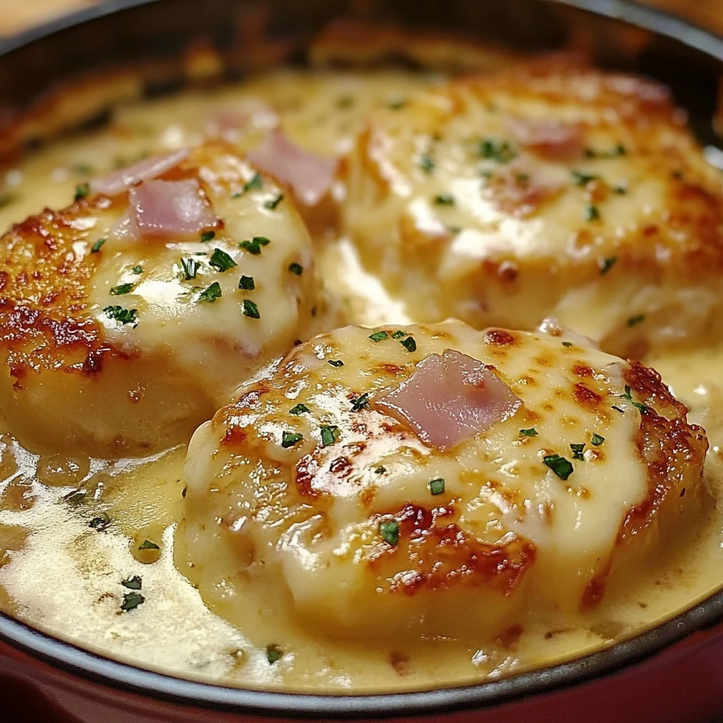 scalope savoyarde avec fromage fondu, jambon cru et pommes de terre