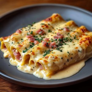 Ficelles picardes gratinées au fromage dans un plat à gratin