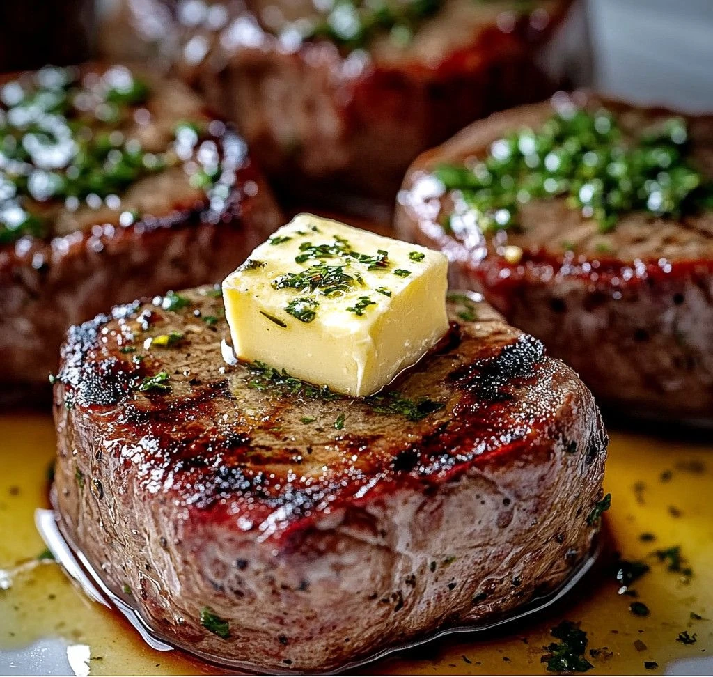 Filet de bœuf grillé nappé de beurre aux herbes fondant, servi avec une garniture rustique