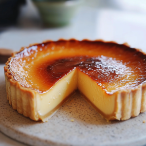 flan pâtissier traditionnel à la vanille, sur fond de pâte dorée