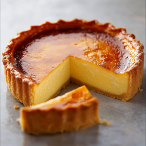 Flan pâtissier entier doré, cuit au four dans son moule, légèrement caramélisé