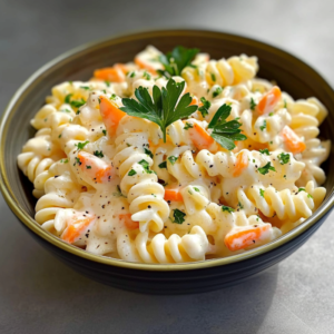 salade aux fusilli, surimi, maïs et fromage râpé servie avec une fourchette