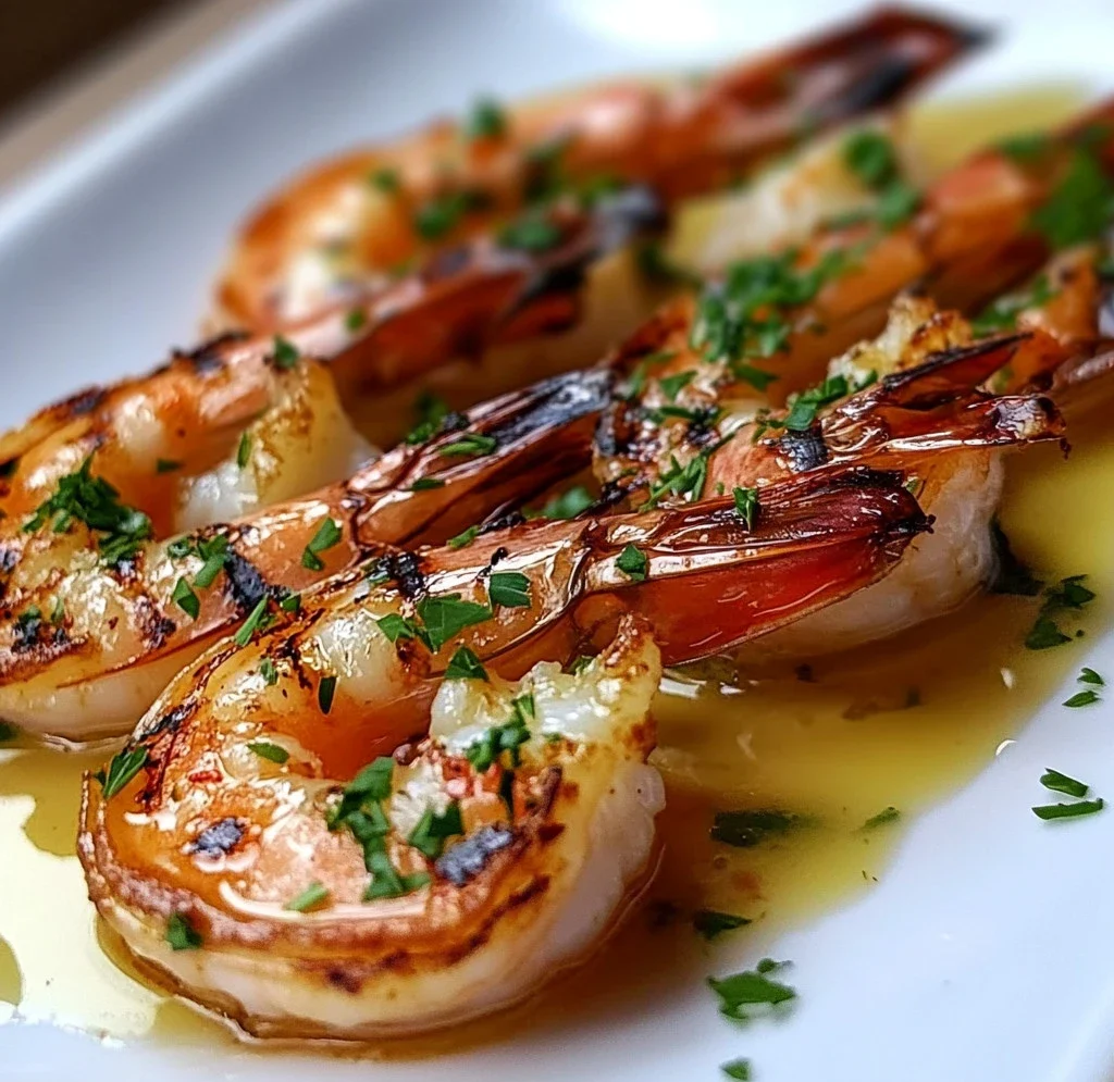 Gros plan sur une gambas grillée nappée de beurre à l’ail et persil