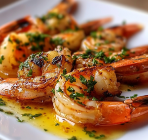 Gambas grillées à la plancha nappées de beurre fondu à l’ail et au persil