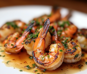 gambas grillées servies avec rondelles de citron et herbes fraîches
