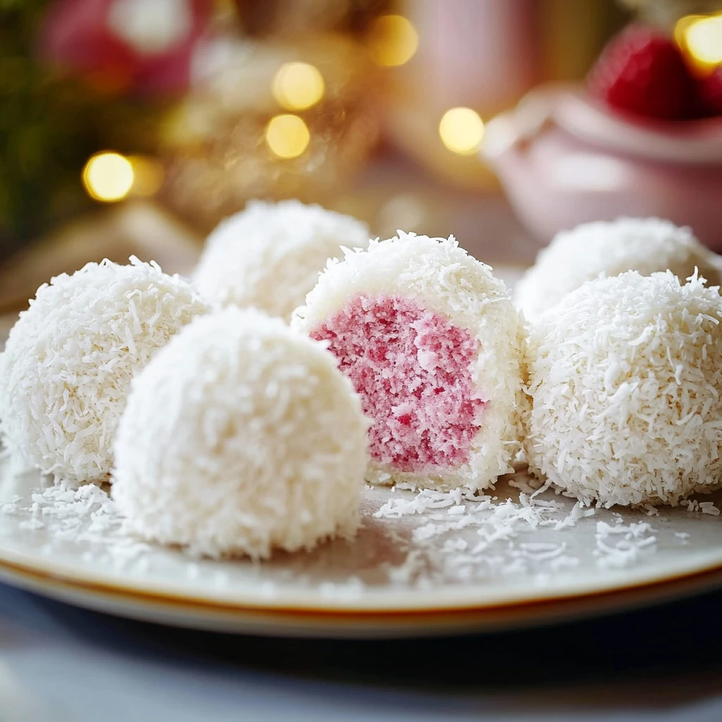 gâteau boule de neige montrant l’intérieur moelleux à la framboise