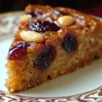 Gâteau moelleux aux dattes, amandes et yaourt grec, tranché sur une assiette