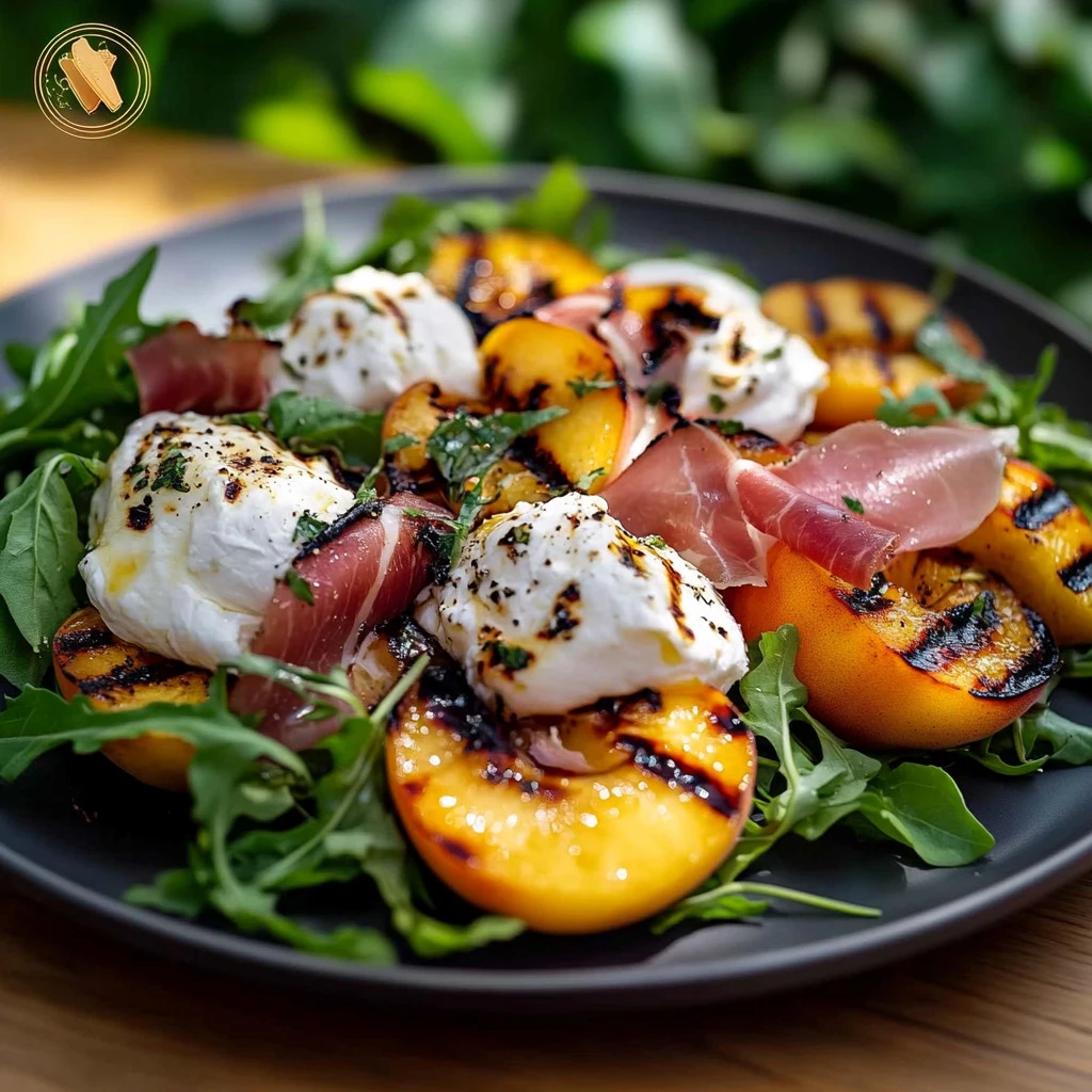 Salade de pêches grillées avec burrata et jambon cru, dressée dans une assiette colorée