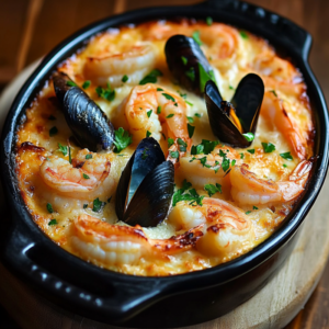Gratin de cabillaud, crevettes et moules dans un grand plat doré au four