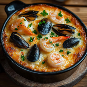 gratin de cabillaud aux crevettes et moules servie dans une assiette