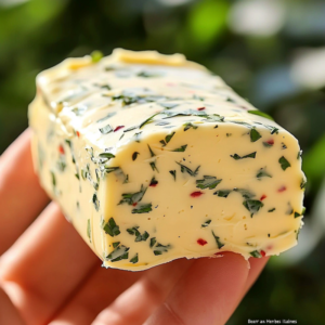 Beurre aux herbes italiennes roulé, parsemé de persil, basilic et origan