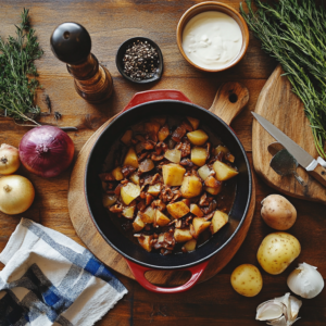 Ingrédients pour harengs fumés aux pommes de terre : filets de hareng, pommes de terre, oignons rouges
