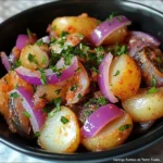 harengs fumés avec pommes de terre tièdes et oignons rouges
