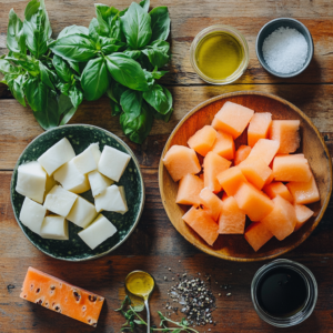 salade au melon, mozzarella et jambon cru avec basilic frais